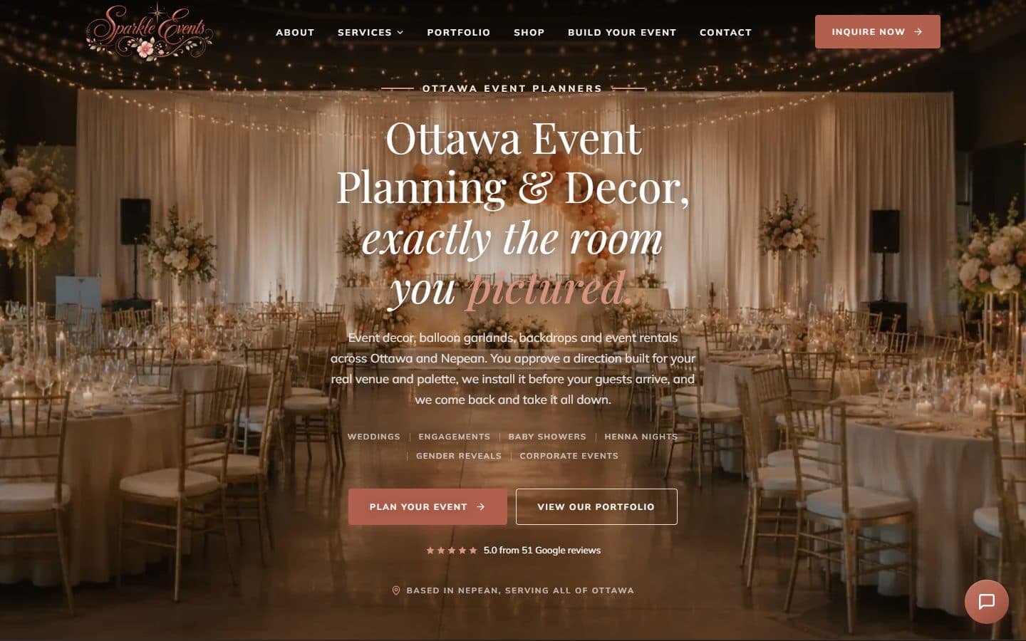 Sparkle Events website, designed and built by Velogics
